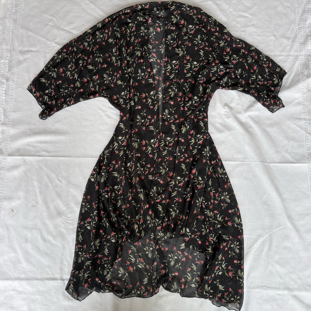 Sheer Black Chiffon Rose Floral Print Open Front Long Kimono Style Cardigan OS